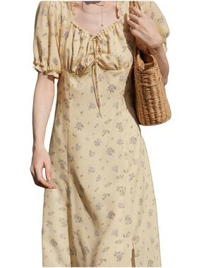 Simple Retro Magnolia Floral Yellow Midi Dress Medium EUC Coquette Cottagecore